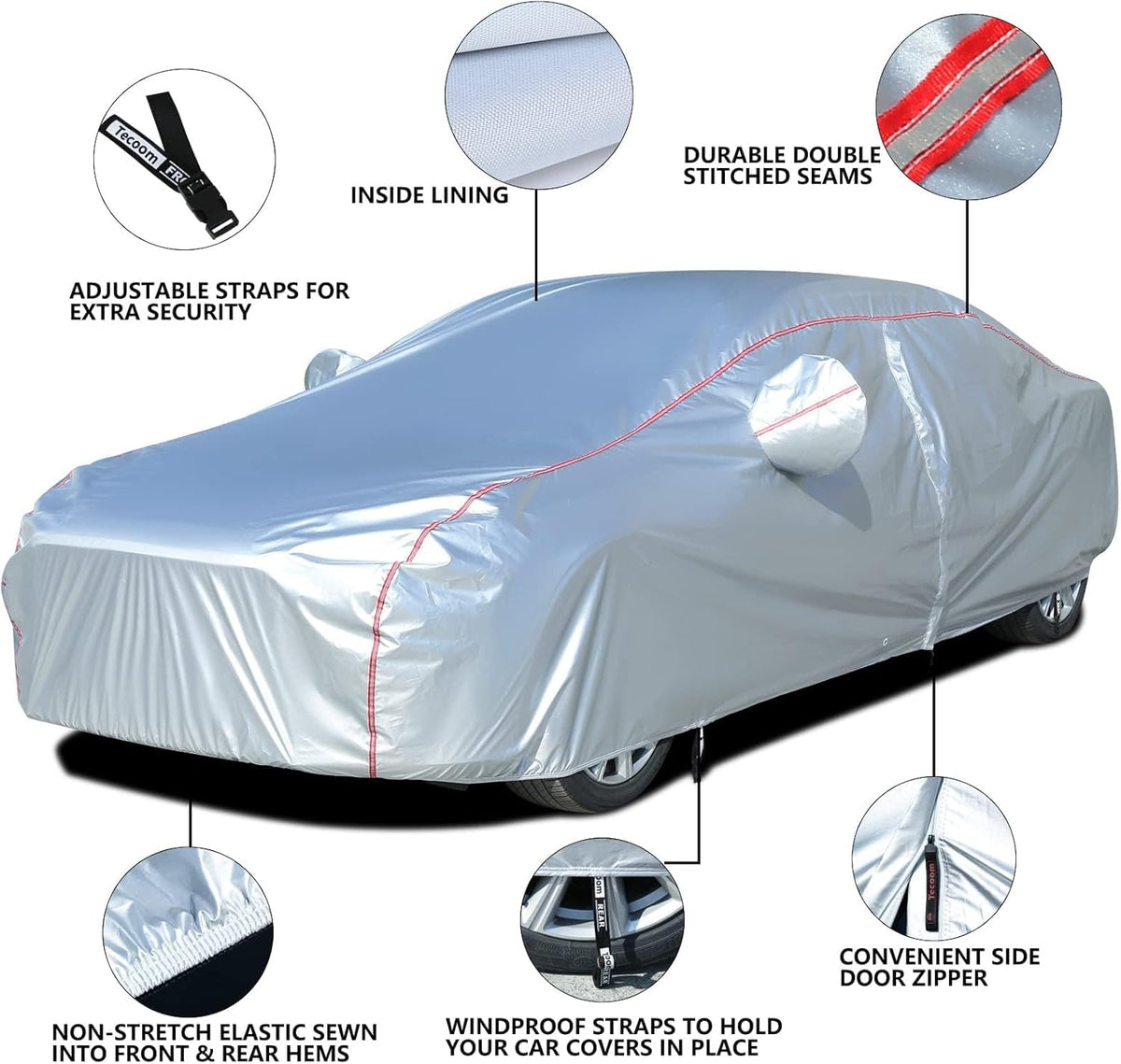 Tecoom Car Cover Waterproof All Weather Fit For Tesla Model 3 Toyota Corolla 2000-2023 Honda Civic 1991-2023, Kia Stinger/Forte, Subaru Legacy, Audi A3/A4/A5 etc, Car Cover Sedan With Lock/Door Zipper