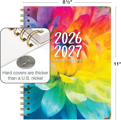 HARDCOVER Academic Year 2026-2027 Planner: 14 Months (May 2026 Through June 2027) 8.5"x 11" Daily Weekly Monthly Planner Yearly Agenda. Bookmark, Pocket Folder and Sticky Note Set (Rainbow Petals)