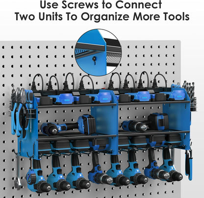 CCCEI Modular Power Tool Organizer Wall Mount with Charging Station. Garage 4 Drill Storage Shelf with Hooks, Screwdriver, Drill Bit Heavy Duty Rack, Tool Battery Holder Built in 8 Outlet Power Strip.