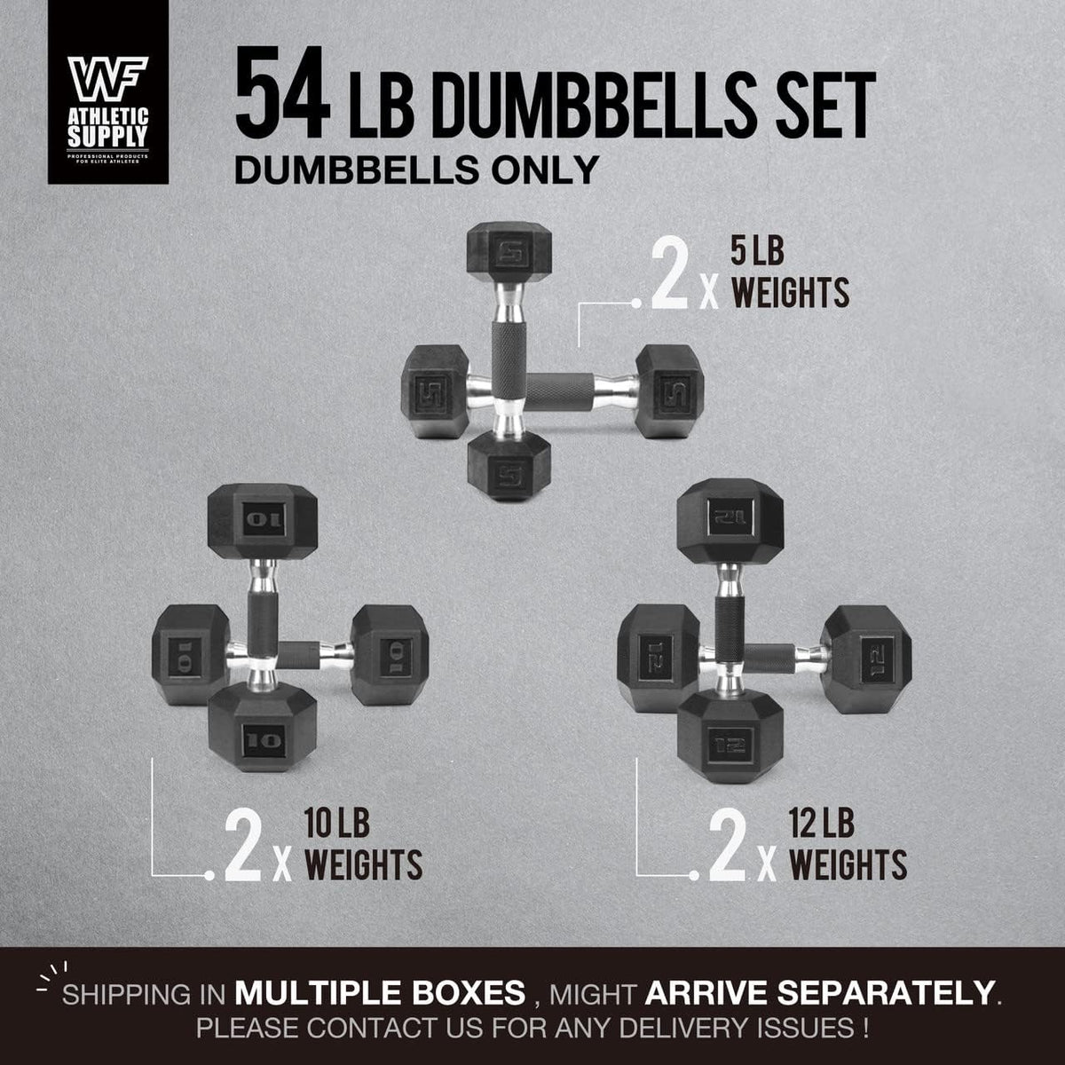 WF Athletic Supply Rubber Encased Hex Dumbbells with Rubber Grip Contoured Handle for Muscle Toning, Strength Building & Full Body Workout