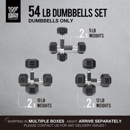 WF Athletic Supply Rubber Encased Hex Dumbbells with Rubber Grip Contoured Handle for Muscle Toning, Strength Building & Full Body Workout
