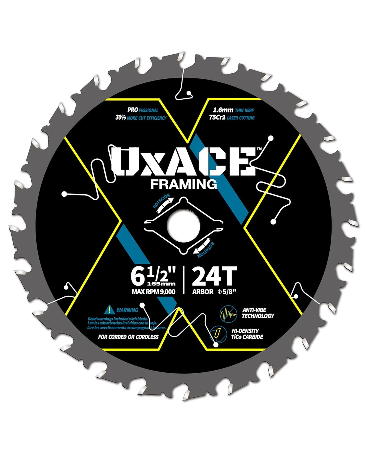 6-1/2-Inch 24-Tooth Circular Saw Blade with 5/8-Inch Arbor, Framing Wood Cutting, Carbide Tip, Thin Kerf, for Plywood, MDF, OSB, Laminated