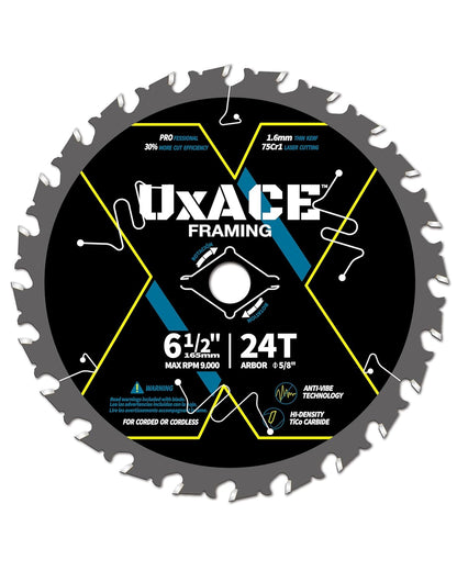 6-1/2-Inch 24-Tooth Circular Saw Blade with 5/8-Inch Arbor, Framing Wood Cutting, Carbide Tip, Thin Kerf, for Plywood, MDF, OSB, Laminated