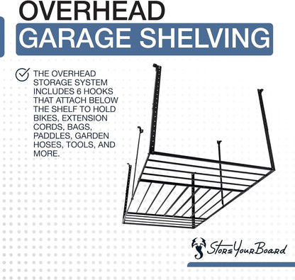 StoreYourBoard 4X8 Garage Storage Rack with Hooks, Ceiling Shelf Overhead Organization, Heavy Duty Steel Platform Holds 700 lbs, 96 in. x 48 in. x 40 in.