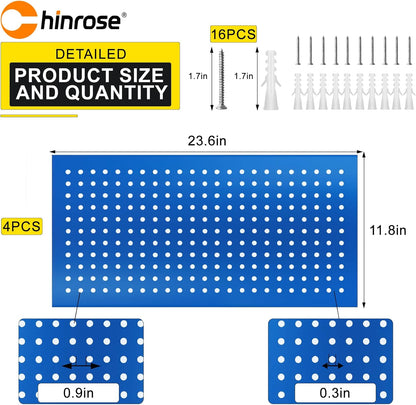 Metal Pegboard Panels 24" x 12" 4 Pack Heavy Duty Steel Pegboard Wall Organizer, Garage Utility Tools Pegboard Storage System for Workbench, Shop, Shed Modular Peg Board Organizer Board Kit (Blue)