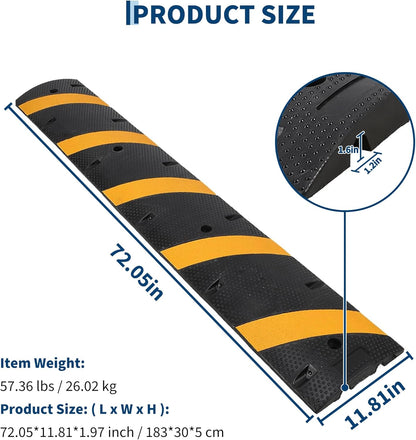 6FT Speed Bumps Wite End for Road, Heavy-Duty 25,000 Lbs Capacity Traffic Rubber Speed Humps with 2 Channel Floor Cord Cover for Asphalt Concrete Gravel Driveway Road