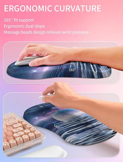 Hokafenle 2in1 Combination, Wave Keyboard Wrist Rest and Ergonomic Curvature Mouse Pad Wrist Support for Relieve Wrist Pain, Filled with Soft Cushion Memory Foam, Moonlit Starry Sea