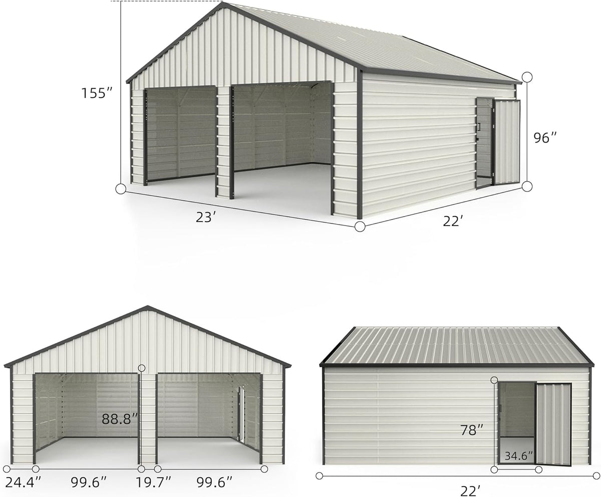 23 x 22 Metal Shed, Metal Garage Building with Side Entry Door, Prefab Double Garage Shed, Large Sheds & Outdoor Storage, Car Shed for Truck, Tool, Lawnmower, Cream