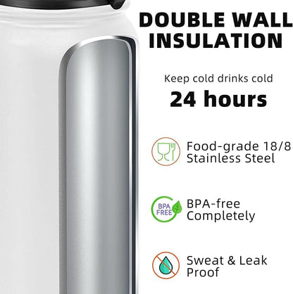 Fanhaw 24 oz Insulated Stainless Steel Water Bottle with Anti-Dust Chug Lid, Leakproof Vacuum Metal Everyday Use Bottle for Kids, Teens & Adults, Back to School Essentials (White)