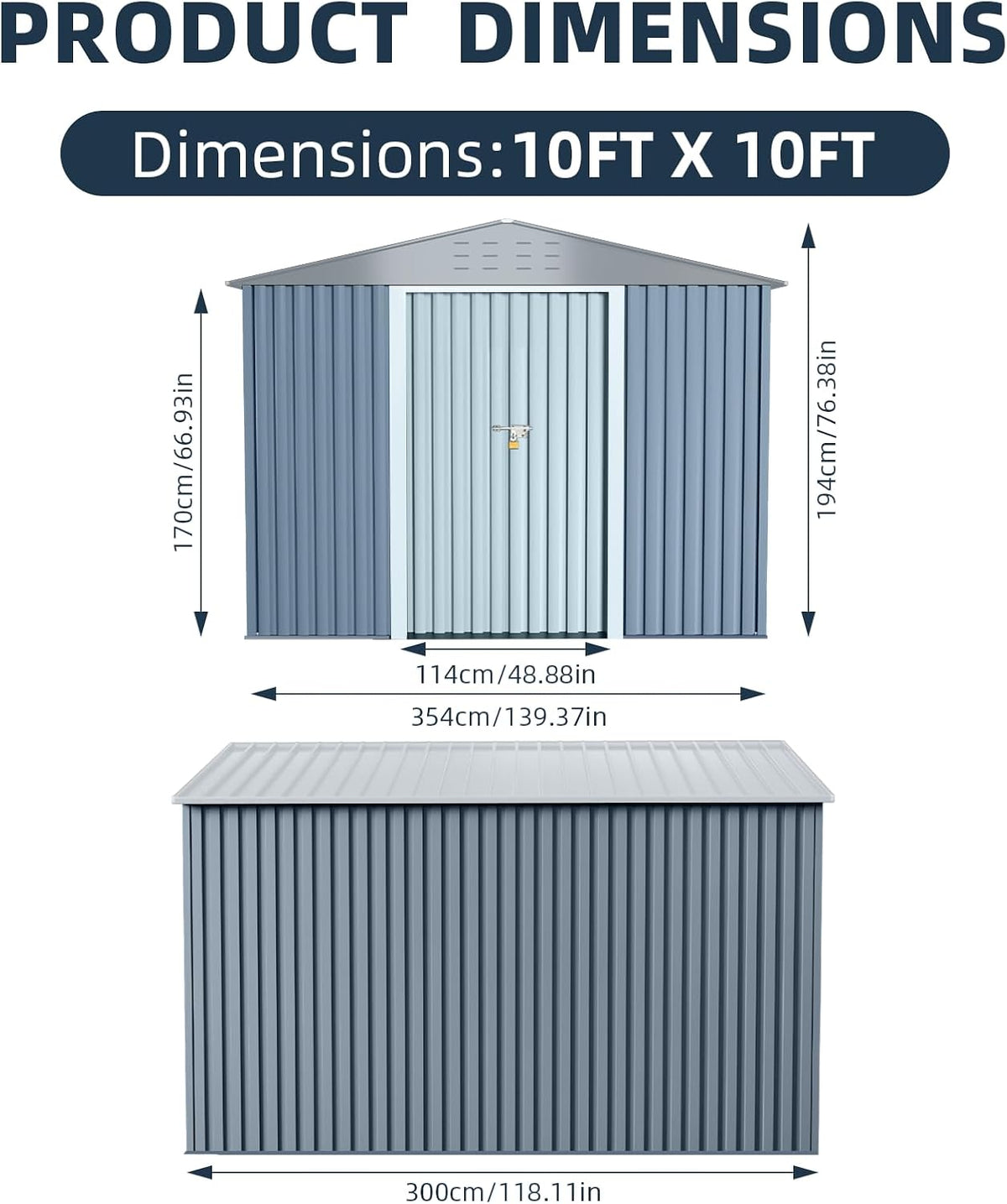 10x10FT Outdoor Metal Storage Shed, Lockable Weatherproof Garden Shed for Tools & Equipment, Durable Galvanized Steel with Sloping Roof & Ventilation, Ideal for Backyard, Patio & Garage Storage, Grey