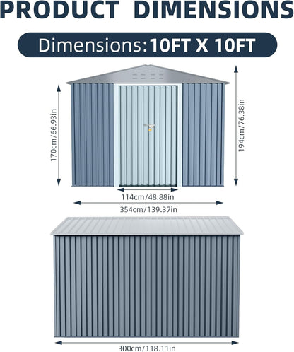10x10FT Outdoor Metal Storage Shed, Lockable Weatherproof Garden Shed for Tools & Equipment, Durable Galvanized Steel with Sloping Roof & Ventilation, Ideal for Backyard, Patio & Garage Storage, Grey