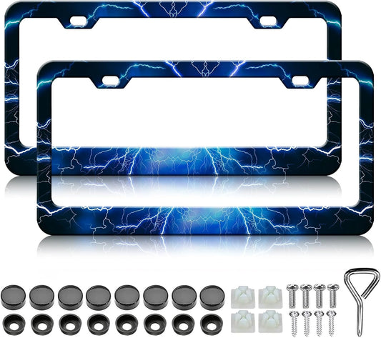 Blue Lightning License Plate Frames - 2 Pack Blue Thunder Stainless Steel License Plate Holder,Rust-Proof Waterproof Car Decorative Tag Frame with Screws Fasteners Caps
