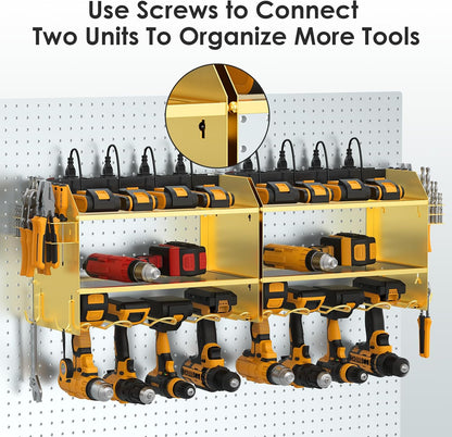 CCCEI Modular Power Tool Organizer Wall Mount with Charging Station. Garage 4 Drill Storage Shelf with Hooks, Drill Bit Heavy Duty Rack, Gold Tool Battery Holder Built in 8 Outlet Power Strip.