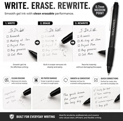 Volcanics Retractable Erasable Gel Pens, Soft Black, 0.7mm, 12 Pack