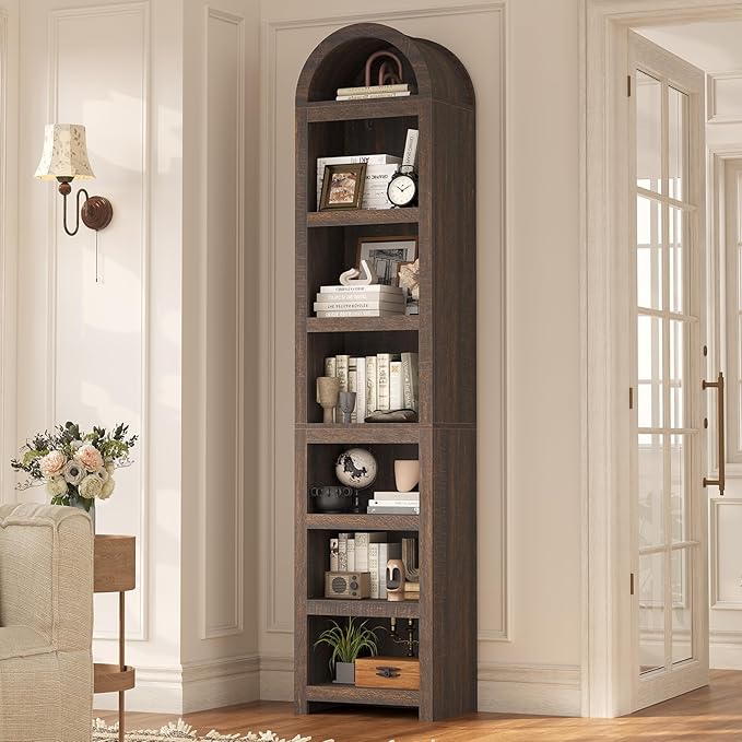 UPOSOJA 76" Tall Narrow Arched Bookcase,7-Teir Mid-Century Modern Bookshelf,Adjustable Shelves offering More Storage Space for Living Room,Kitchen,Home Office,Walnut