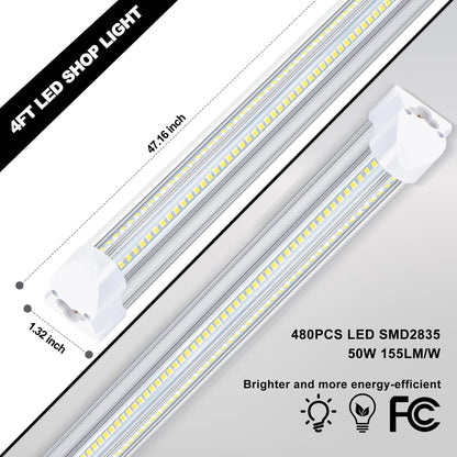 LED Shop Lights - 4FT 50W LED Light Fixture, 4 Foot High Output 7750Lumen, 6000K, Clear Cover, V-Shape Linkable, Plug and Play, T8 LED Tube Light for Garage, Workshop (10 Pack)