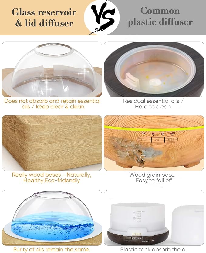 Glass Dome Essential Oil Diffuser with Glass Reservoir & Wood Base-No Plastic, 200ml Ultrasonic Diffuser for Aromatherapy with Timer 7 Color Light Auto-Off for Home Office Yoga Pilates
