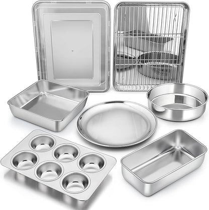 Bakeware Sets, P&P CHEF 9-Piece Stainless Steel Baking Pans Set, Round/Square Cake Pan, Toaster Oven Pan, Lasagna Pan, Loaf Pan, Pizza Pan, Muffin Pan, Dishwasher Safe & Durable, Healthy & Non-toxic