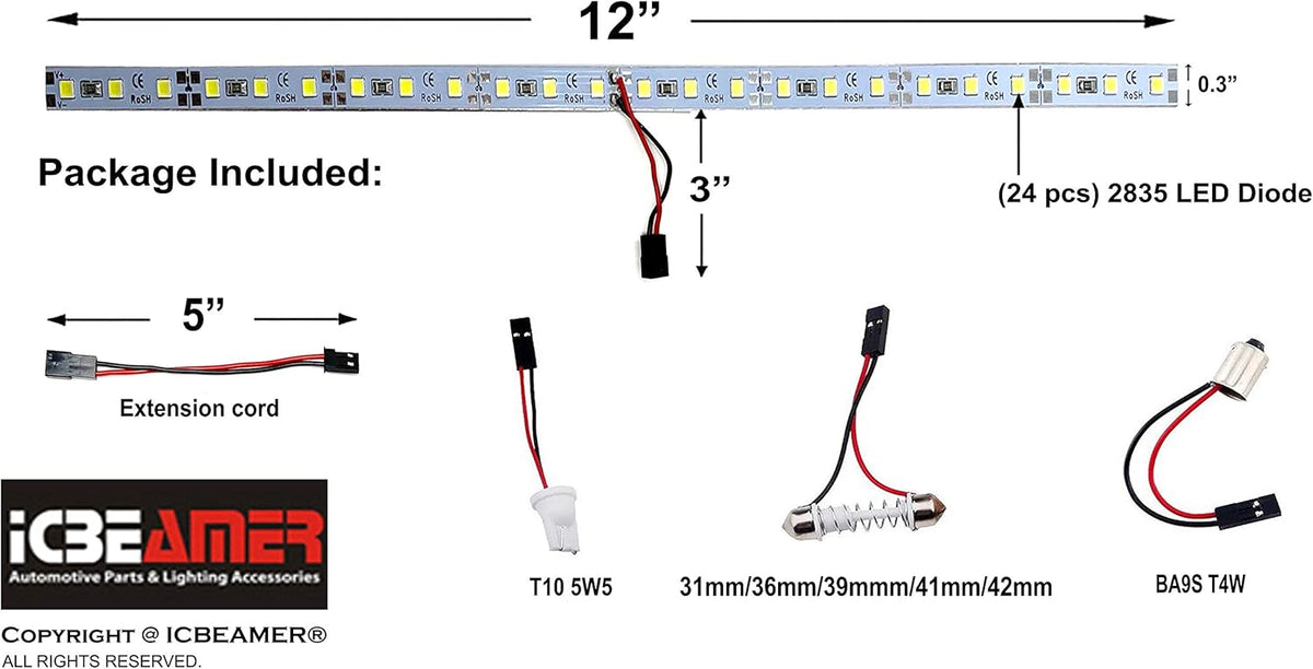 ICBEAMER 12" Green 18 SMDs 2835 LED Strip Light Universal Fit Car Trunk Cargo Area or Interior Illumination