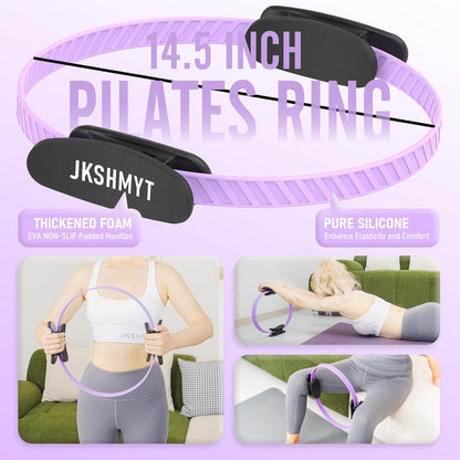 JKSHMYT Pilates Ring-14.5" Home Pilates kit with Padded Handles, Mini Ball, Resistance Bands, Guide & Bag, Better me Pilates Essentials Set for Workouts Women