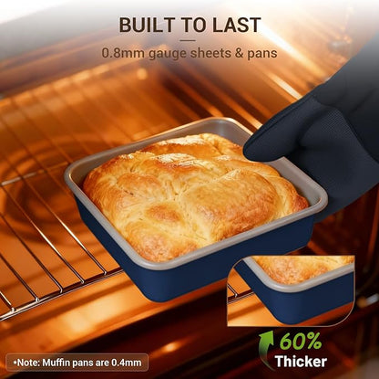 Ammeloo 22-Piece Baking Pans Set Stackable Bakeware Non Stick Baking Set Non Toxic Oven Pans, Including Roasting Pan, Cookie Sheets, Muffin Pans, Cake Pans, Oven Mitts and Utensils(Gray & Navy Blue)