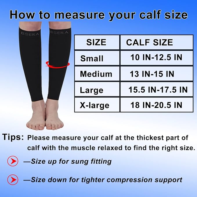 BSERA Calf Compression Sleeve Women, 2 Pairs 15-20mmHg Calf Support Footless Compression Socks Stockings for Shin Splints, Varicose Veins, Recovery (Black, Medium)