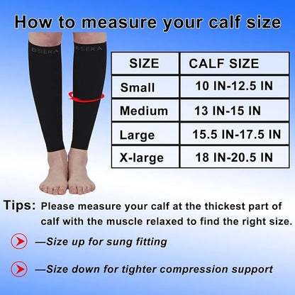 BSERA Calf Compression Sleeve Women, 2 Pairs 15-20mmHg Calf Support Footless Compression Socks Stockings for Shin Splints, Varicose Veins, Recovery (Black, Medium)