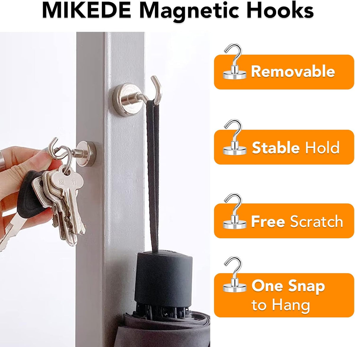 MIKEDE Magnetic Hooks, 80Lbs+ Heavy Duty Magnetic Hooks for Cruise Cabins, Super Neodymium Hanging Hooks Strong Magnets with Hook for Fridge, Magnetic Hanger for Grill, Toolbox, Storage, 4 Pack