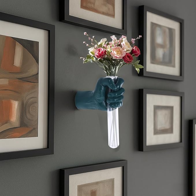 Green Wall Sculptures, Hand Vases Home Decor, Wall Mount Art Sculpture, Unique Wall Art Statue, Funky Flower Vase Decorations, Modern Eclectic Hanging Decor,Glass Test Tube Vase