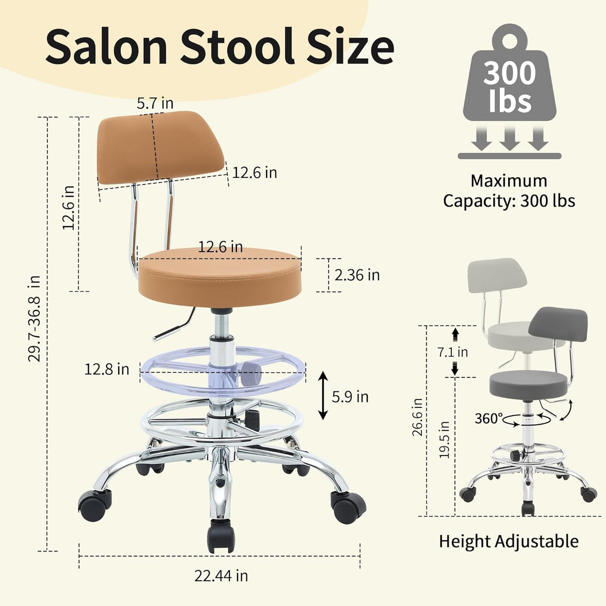 Rolling Stool with Back, Adjustable Tattoo Rolling Chair 19.5’’-26.6’’, Camel Brown Hairstylist Stool with Wheels (Camel Brown)