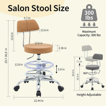 Rolling Stool with Back, Adjustable Tattoo Rolling Chair 19.5’’-26.6’’, Camel Brown Hairstylist Stool with Wheels (Camel Brown)
