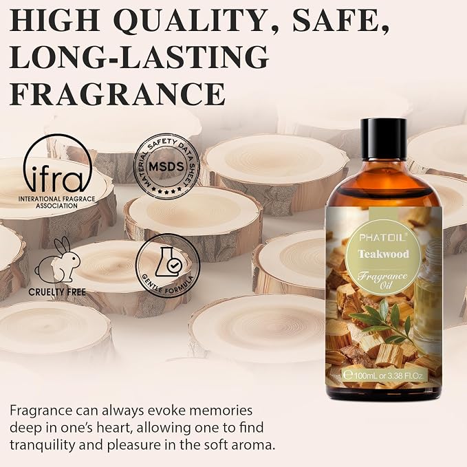 PHATOIL 3.38FL.OZ Teakwood Fragrance Oils for Aromatherapy, Essential Oils for Diffusers for Home, Perfect for Diffuser, Yoga, Skin Care, DIY Candle and Soap Making - 100ml