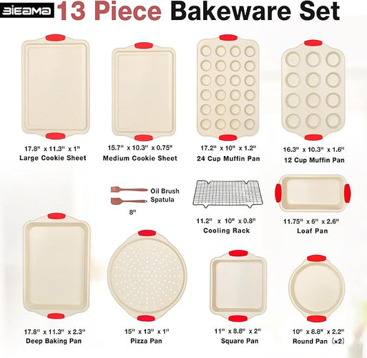 BIEAMA 13-Piece Baking Pans Sets, Nonstick Bakeware Sets, BPA-Free Carbon Steel Stackable Bakeware Set, Cream