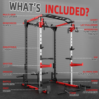 Smith Machine, Power Rack with LAT Pulldown System, Power Cage with Cable System, Squat Rack for Home Gym with Chest Press Machine, Spotter Arms, Leg Curl Attachment and More