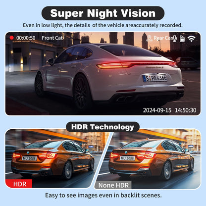 Dash Cam Front and Rear, UHD 4K Night Vision Dash Camera for Car with 3.2'' IPS Screen, 30FPS Dashcam Built-in GPS with App Control, 24H Parking Mode, G-Sensor