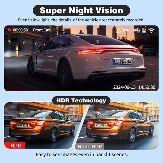 Dash Cam Front and Rear, UHD 4K Night Vision Dash Camera for Car with 3.2'' IPS Screen, 30FPS Dashcam Built-in GPS with App Control, 24H Parking Mode, G-Sensor