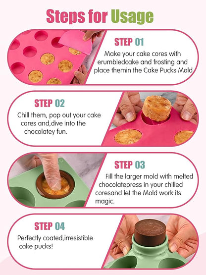 4 PCS Cake Puck Mold Set, 2 Different Sizes Chocolate Covered Cake Silicone Molds, 15 Cavity&12 Cavity Round Cake Pop Molds with 2 Spatulas for DIY Cake Cores, Cakepucks, Chocolate Desserts