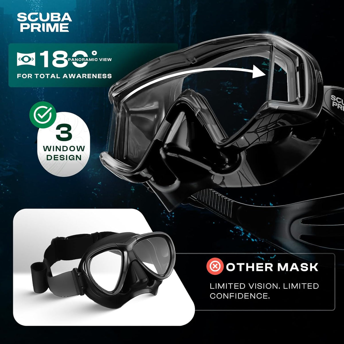 Pano 3 Scuba Diving Mask, Tempered Glass Snorkel Mask Three-Window Scuba Mask No-Leak Dive Mask Silicone Skirt Diving Mask for Snorkeling and Scuba Use