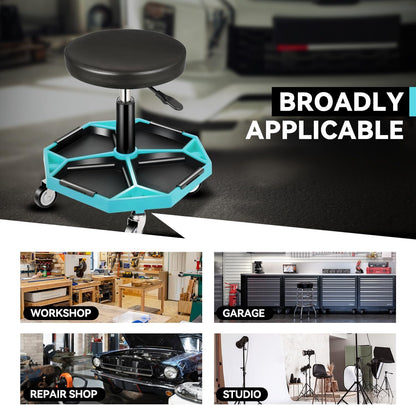 Auto Dynasty Mechanic Stool, Adjustable Rolling Pneumatic Creeper Garage Shop Seat with Tool Tray, 300 LBS Roller Seat for Workshop Auto Repair, Adjustable Height 15.7" to 21", Sky Blue