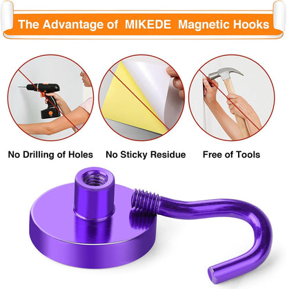 MIKEDE Magnetic Hooks, 40Lbs+ Heavy Duty Magnet Hooks for Cruise Cabins, Super Neodymium Hanging Hooks Strong Magnets with Hook for Fridge, Magnetic Hanger for Grill, Toolbox, Storage(Purple, 4 Pack)