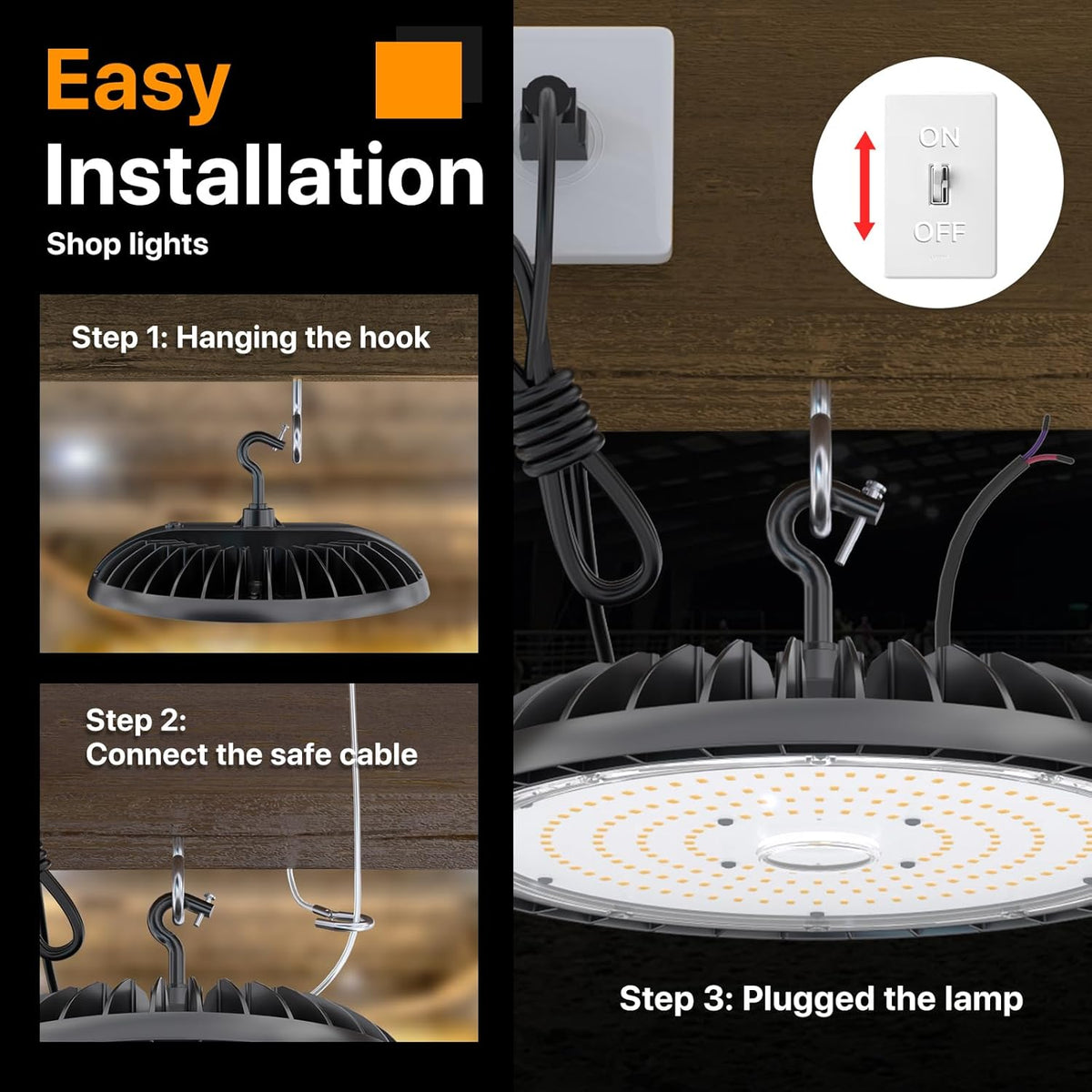 250W LED High Bay Lights - 4 Pack UFO High Bay Lights 37500 LM, 5000K Daylight, 0-10V Dimmable, IP65 Waterproof for Garage, Warehouse, Pole Barn, ETL Listed