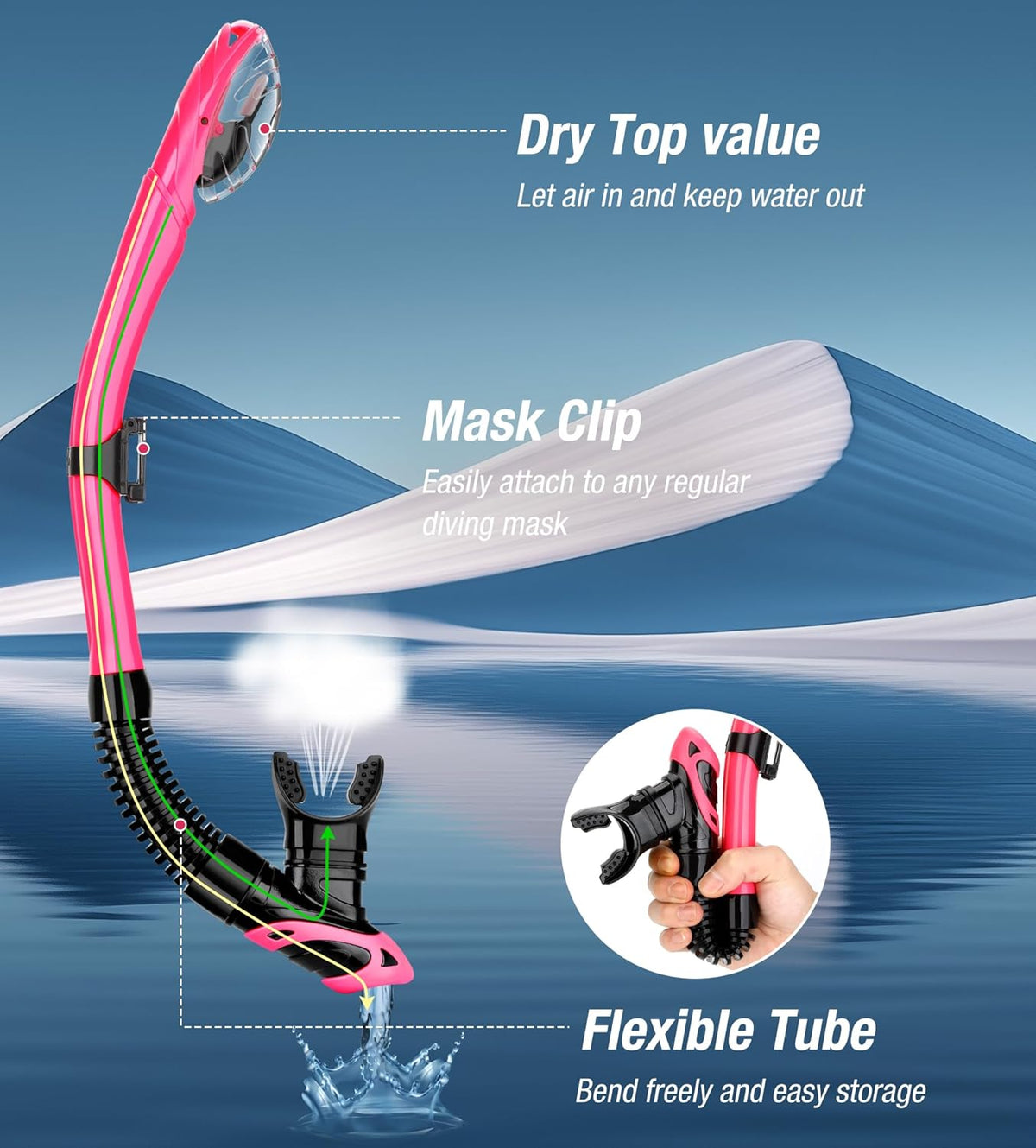 Aegend Dry Snorkel, Dive Mask Easy-Breath Free Diving Snorkel for Snorkeling Scuba Diving Freediving Swimming, with Top Dry Valve and Food-Grade Silicone Mouthpiece