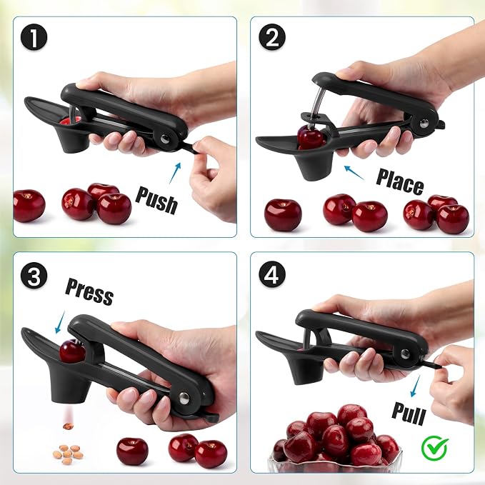 SCHVUBENR Cherry Pitter Tool - Stainless Steel Cherry Corer Pitter with Ergonomic Push Design - Easy to Use for Making Cherry Jam - Pit Cherry with Ease, Saving Time & Space with Lock Design(Black)