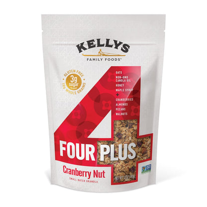 Kelly's Four Plus (Cranberry Nut) Granola Cereal with Whole Grain Oats, Honey, Maple Syrup - Non-GMO, Low Sugar, Sodium Free and Gluten Free Granola for Yogurt - 12oz