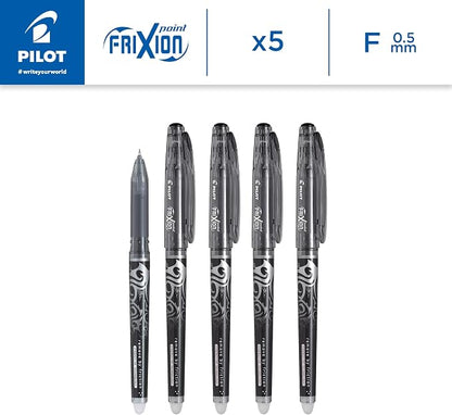 Pilot Frixion Point Erasable Rollerball 0.5 mm Tip - Black, Pack of 5