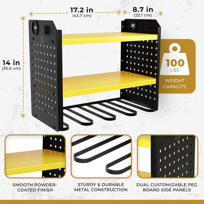 Power Tool Organizer - 6 Drill Holder Wall Mount, 3 Tier Heavy-Duty Hand Storage Rack, Utility Racks, 2 Pegboard Sides - Garage Cordless Organizer (Yellow)