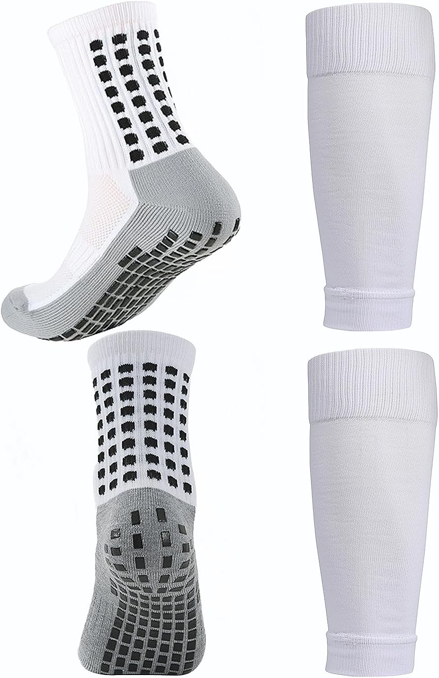 KMOLY 1 Set Soccer Grip Socks,Shin Guard Sleeves for Football Basketball for Men and Women Black/White One Size
