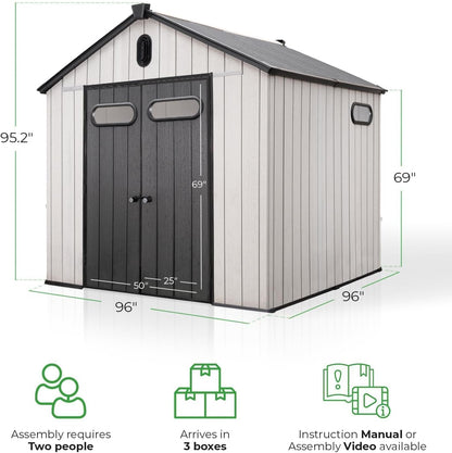 EconoHome 8x8 Ft Outdoor Storage Shed with Floor - Waterproof Shed with Lockable Door for Garden - Backyard, Tool Storage Use - Grey