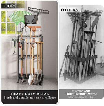 Garden Tool Organizer Storage Metal Yard Tool Organizer Heavy Duty Garden Tool Rack Stand with Extra Hooks, Up To 35 Long Handled Shovels/Rakes/Brooms Holder for Garage,Shed,Outdoor(Black)