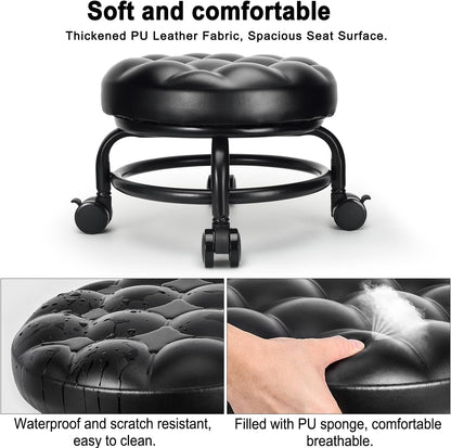 Low Height Rolling Stool Roller Stool PU Leather Comfortable Seat 360°Swivel Rotating, Modern Rolling Chair for Home Office Garage Shop